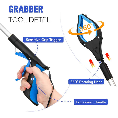 32 Inch Foldable Grabber Reacher Tool With 4 Inch Wide Jaw And 360 Degree Rotating Head Six Pack Grabber Pickup Tool For Seniors Easy Reach For Indoor Outdoor Use Lightweight And Durable Blue