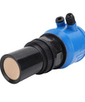 Close-up of Ultrasonic Level Meter with Digital LCD Display, LED Readout, and 4 to 20 mA Output in blue IP65 housing for industrial use.