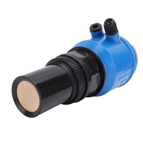 Close-up of Ultrasonic Level Meter with Digital LCD Display, LED Readout, and 4 to 20 mA Output in blue IP65 housing for industrial use.