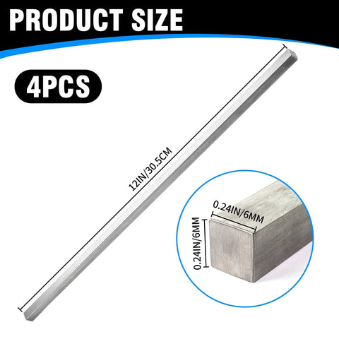 Four Pack One Quarter Inch Square Steel Key Stock Twelve Inch Length Cold Drawn Stainless Steel Bars Precision Key Stock Pro Grade Corrosion Resistant Heavy Duty For Machinists And DIY Projects, showing size and 4 pcs