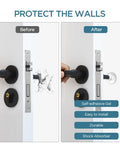 Transparent Door Stop Set With 9 Self-Adhesive Bumpers, 50x15 Mm Clear Gel Wall Protectors installed on door, before and after use