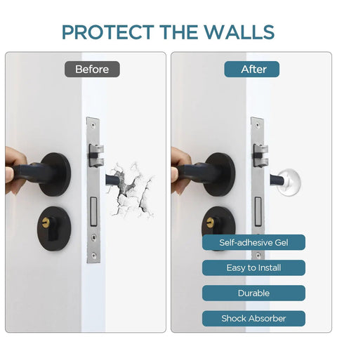 Transparent Door Stop Set With 9 Self-Adhesive Bumpers, 50x15 Mm Clear Gel Wall Protectors installed on door, before and after use