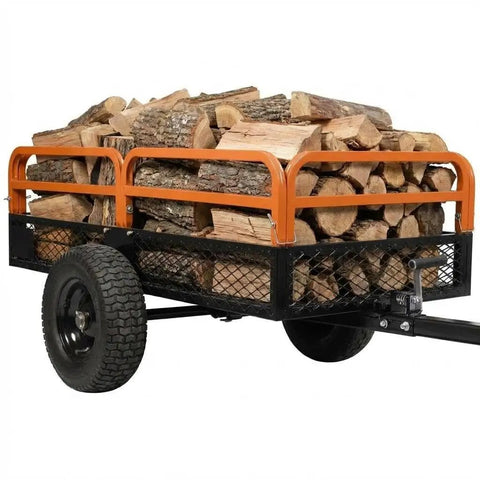 Beast 1500Lb Heavy Duty Steel Dump Cart loaded with firewood, featuring all-terrain tires and removable sides for lawn work