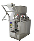Industrial Grade Game Changer Automatic Paste And Liquid Filling Machine With Quick Mix Hopper For Thick Sauces Honey Olive Oil Vinegar Auto Bag Sealer Plus Cutting System 110V in stainless steel with film roll, ready for filling.