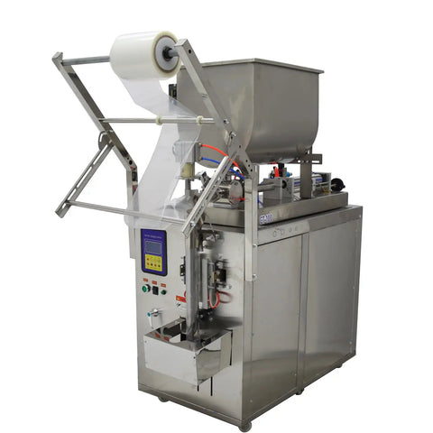 Industrial Grade Game Changer Automatic Paste And Liquid Filling Machine With Quick Mix Hopper For Thick Sauces Honey Olive Oil Vinegar Auto Bag Sealer Plus Cutting System 110V in stainless steel with film roll, ready for filling.