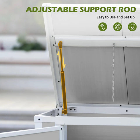 Spacious Outdoor Storage Shed With Floor Included, 41 Cu Ft Resin Weatherproof Storage Box with open lid showing support rod.