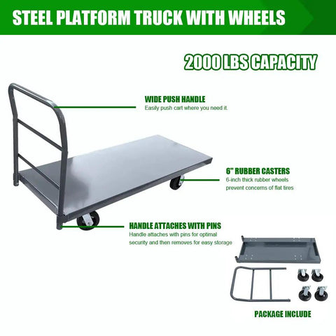 Heavy Duty Steel Platform Truck With Smooth Deck 60X24 Industrial Flatbed Dolly 2000 Lb Capacity Rugged Cart Designed To Haul Your Gear No Sweat On Shop Floors