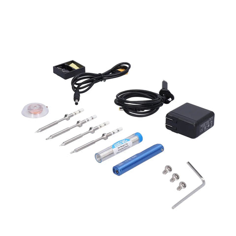 Top Tier Jauarta Mini Electric Soldering Iron Kit With Power Adapter Plus 4 Interchangeable Tips For Welding Work At Any Time Using USB Power Supply In Cool Blue Color - kit components including tips and cables