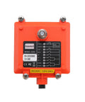Dual Speed Wireless Crane Hoist Remote Control With 100 Meter Range, Ultra Fast 0.01 Second Response, Heavy Duty Industrial Grade Controller For Cranes, Hoists, Winches And Construction Vehicles, 2 Keys rear view of orange receiver box, AC/DC 12V-24V