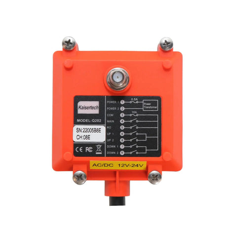 Dual Speed Wireless Crane Hoist Remote Control With 100 Meter Range, Ultra Fast 0.01 Second Response, Heavy Duty Industrial Grade Controller For Cranes, Hoists, Winches And Construction Vehicles, 2 Keys rear view of orange receiver box, AC/DC 12V-24V