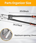 Heavy Duty 14 Inch Bolt Cutter With Forged T8 Steel Blades, Rugged Wire Cutter dimensions shown, 13mm opening size