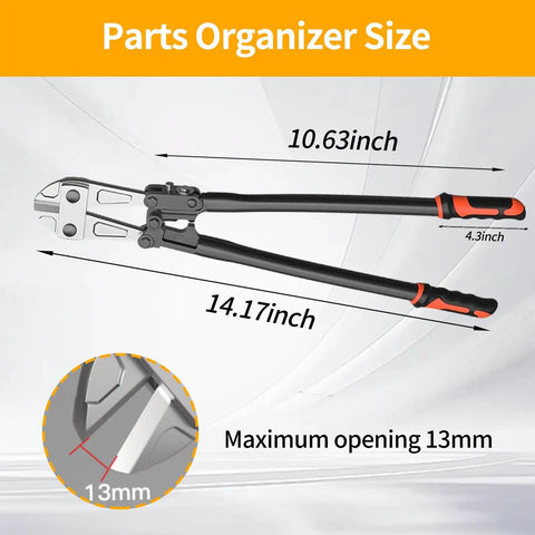 Heavy Duty 14 Inch Bolt Cutter With Forged T8 Steel Blades, Rugged Wire Cutter dimensions shown, 13mm opening size