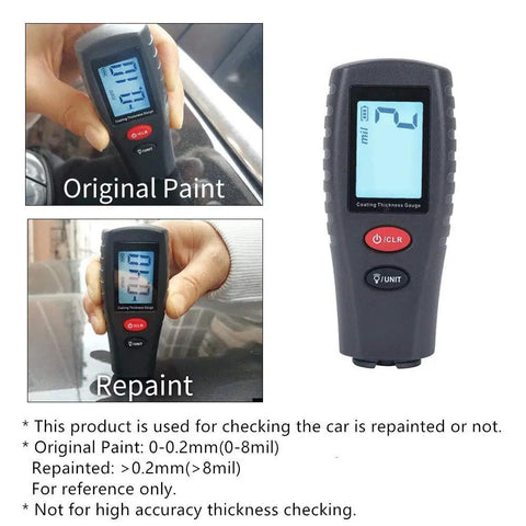 Automotive Paint Thickness Tester Gauge With High Contrast Backlit LCD 2 Mil Resolution Auto Power Off Auto Digital Calibration Data Hold Mini Size Measures Car Coatings Non Destructively Dual Unit MM Mil handheld on car panel