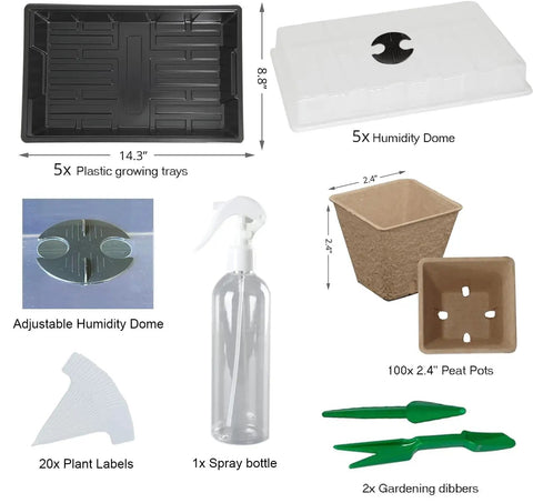 DIY Friendly All In One Seed Starter Kit With Biodegradable Square Peat Pots shown with trays, dome, spray bottle, labels, and dibbers