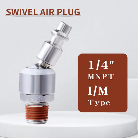 One Quarter Inch Swivel Air Plug Quick Connect Fitting For Air Hoses And Compressors, 360 Degree Rotatable Ball Swivel, Industrial M Style Connector Compatible With IM Air Couplers And Standard Air Hoses; 1/4 MNPT iron body