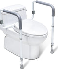 Built Heavy Duty Bathroom Safety Rail For Seniors featuring height adjustable handles, white frame, installed by toilet.