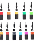 Colorful accessories from the Simple Stroke Setting Rivet Nut Tool Kit, 12 Inch Mid Size Complete Set with 11 Accessories and 100 Rivet Nuts