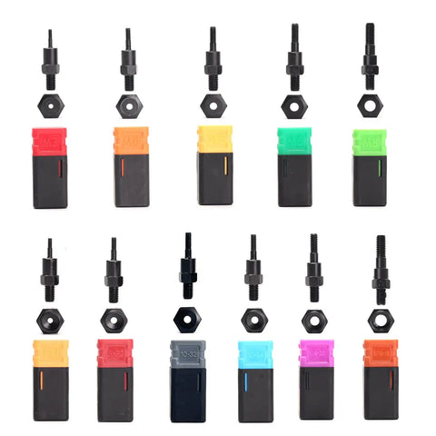Colorful accessories from the Simple Stroke Setting Rivet Nut Tool Kit, 12 Inch Mid Size Complete Set with 11 Accessories and 100 Rivet Nuts