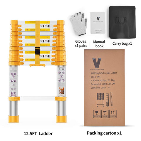 12.5 Foot Telescoping Extension Ladder Heavy Duty Aluminum Alloy With Upgraded Materials And Easy Independent Button Adjustment, gloves, manual, carry bag, and carton box