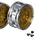Porsche Taisan 26mm Chrome Gold RC Rim Set Two Piece For TT 02B Chassis showing chrome finish and included screws