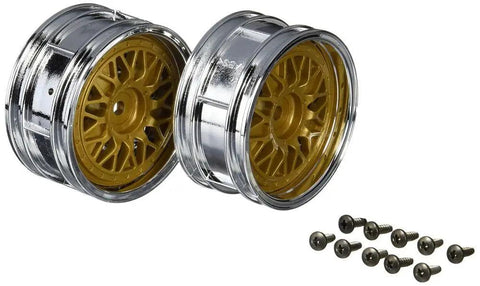 Porsche Taisan 26mm Chrome Gold RC Rim Set Two Piece For TT 02B Chassis showing chrome finish and included screws