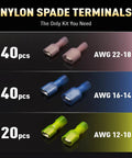 Display of Nylon Spade Quick Disconnect Wire Connector Kit with 100 pcs assorted AWG 22-10 sizes, color-coded for electrical use.