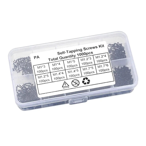 Hella Strong 1200 Piece Micro Tapping Screws Tight Cross Drive Threads in clear organizer for DIY projects and repairs.