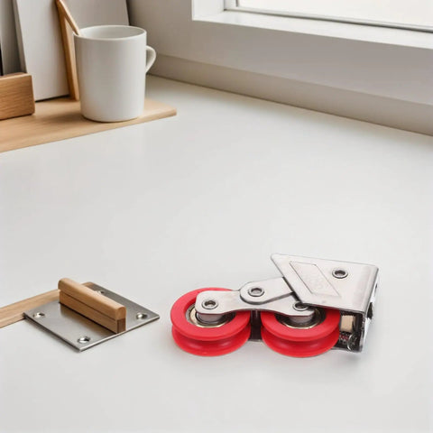 Rock Solid Stainless Steel Sliding Door Track Pulley with Heavy Duty Double Roller Wheels on a white surface.