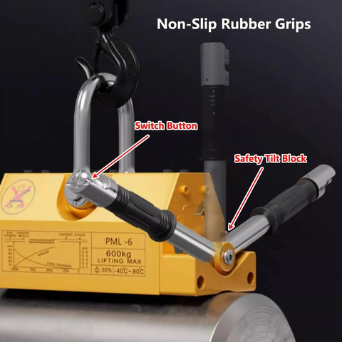 Hella Tough Neodymium Steel Magnetic Lifter With Quick Release Lever And Heavy Duty Safety Block For Scrap Material Handling Up To Two Thousand Two Hundred Pounds Capacity with safety tilt block and switch button.
