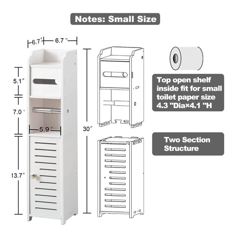 Diagram of Must Have Slim Bathroom Storage Cabinet With Toilet Paper Holder Stand in pure white showing dimensions and features.