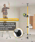 Telescoping Laser Level Pole Kit 12 Ft 3.6 M with tripod for rotary and line lasers in use, highlighting mounting bracket.