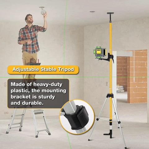 Telescoping Laser Level Pole Kit 12 Ft 3.6 M with tripod for rotary and line lasers in use, highlighting mounting bracket.