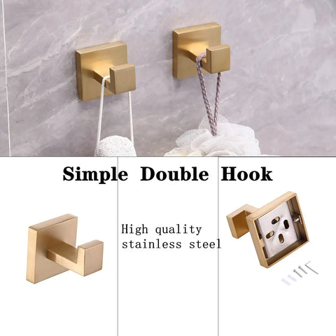 Brushed Gold Stainless Steel 5 Piece Bathroom Hardware Set With 22 Inch Towel Bar And Towel Rack Dope Upgrade For Your Bath Rustproof SUS 304 Accessories Kit featuring rustproof double hooks on marble wall