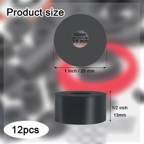 12 Pack Thick Rubber Spacers 1 Inch Outer Diameter 3/8 Inch Inner Diameter 1/2 Inch Thick Anti Vibration Washers product sizing
