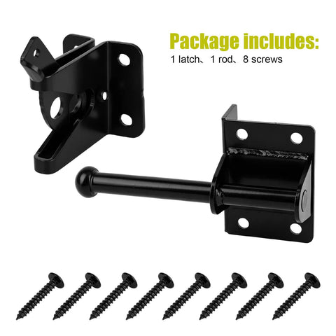 Self Locking Gate Latch For Wooden Fences With Mounting Screws, Easy Install Gravity Action Latch, Strike Plate And Hardware Included For Quick No Fuss Secure Gate Closure. Black steel latch, strike plate, rod, and 8 screws