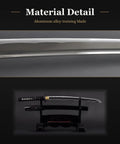 Close-up of Unsharpened Aluminum Alloy Iaido Wakizashi Iaito for Safe Practice, 20.25 Inch Blade With Fuller Groove on display.