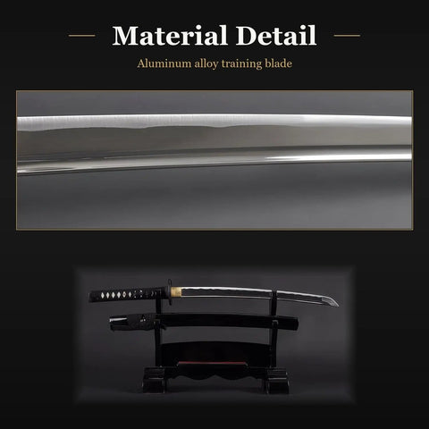 Close-up of Unsharpened Aluminum Alloy Iaido Wakizashi Iaito for Safe Practice, 20.25 Inch Blade With Fuller Groove on display.
