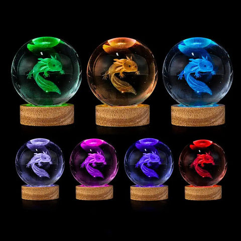 Lit 3D Axolotl Crystal Ball Night Light With 16 Color LED And Wooden Base Upgraded 3.15 Inch Glass Ball Lamp With Remote Control Cool Desk Decor Gift For Kids Girls Boys Friends, various LED colors on display