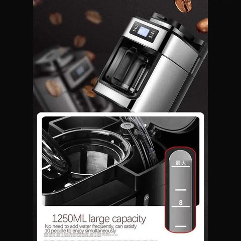 Next Level Drip Coffee Maker With Built In Grinder, Digital Display And Adjustable Brew Strength showing large capacity, 1250ML, sleek stainless design.