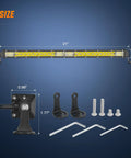Slim 21 Inch LED Light Bar With 52 LEDs In A Single Row Spotlight Flood Combo, detailed view with dimensions and mounting hardware