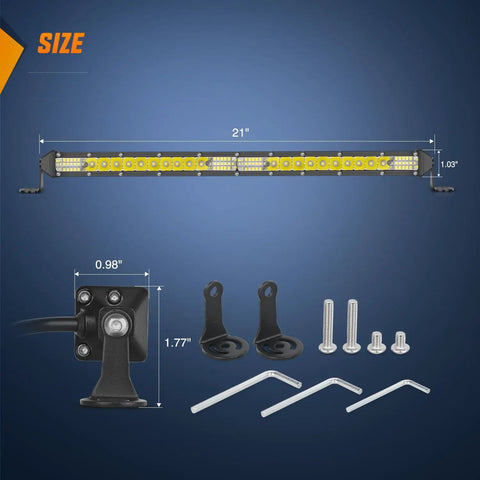Slim 21 Inch LED Light Bar With 52 LEDs In A Single Row Spotlight Flood Combo, detailed view with dimensions and mounting hardware