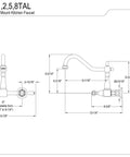 Technical drawing of Tudor Style Wall Mount Bridge Kitchen Faucet in polished brass, 8.5 inch reach, 8.1 inch high arc