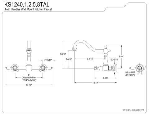 Technical drawing of Tudor Style Wall Mount Bridge Kitchen Faucet in polished brass, 8.5 inch reach, 8.1 inch high arc