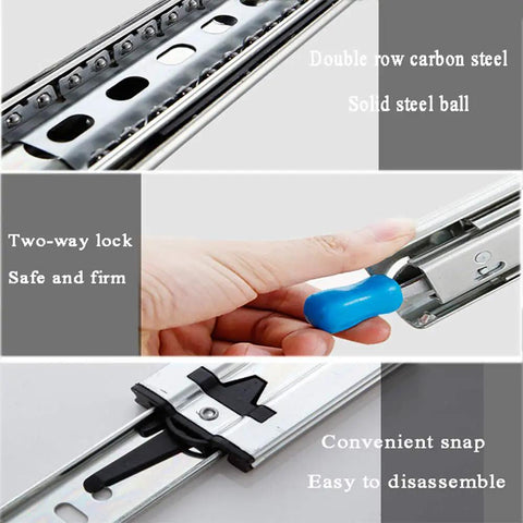Beefy Heavy Duty Drawer Slides Three Fold Full Extension Ball Bearing Rails With Lock Side Mounted Track 550mm close-up view
