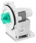 Dishwasher drain pump assembly with green impeller and white housing (front view)