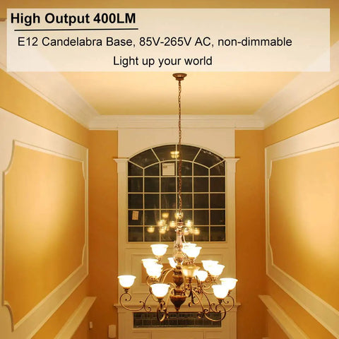Chandelier illuminated by Two Pack E12 LED Candelabra Bulbs, 400 Lumens, 4W, 3000K Warm White, Energy Efficient replacement bulbs.