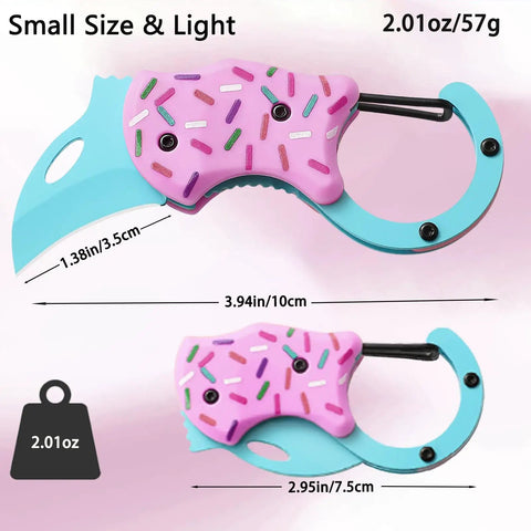 Super Cute Donut Folding Pocket Knife Two Pack Durable Stainless Steel Blades with colorful pink and blue grip, small size and lightweight.