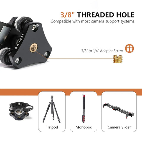 Tripod Leveler Stand For Seestar S50 With Plus Or Minus 6 Degree Micro Adjust Leveling Base And Detachable Magnetic Bubble Level CNC Aluminum Three Eighths Inch Mount For Panoramic Ball And Video Heads And Tripods LB01, close-up of 3/8 inch threaded hole adapter and compatible systems.