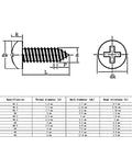 Technical diagram of Black Carbon Steel Self Tapping Wood And Glasses Screws Set for DIY projects, Phillips drive, M1 to M4 sizes.