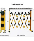 Adjustable Telescopic Safety Barrier With Slick Glide Casters, Grab And Go Pop Up Crowd Control Fence for various size setups, shown before and after stretching.